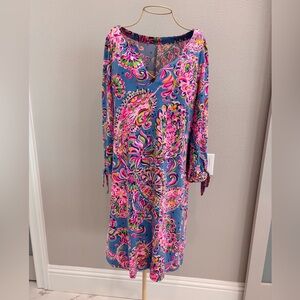 Lilly Pulitzer Cath Dress Size LARGE Pink Blue Floral Multi Mermaid Print